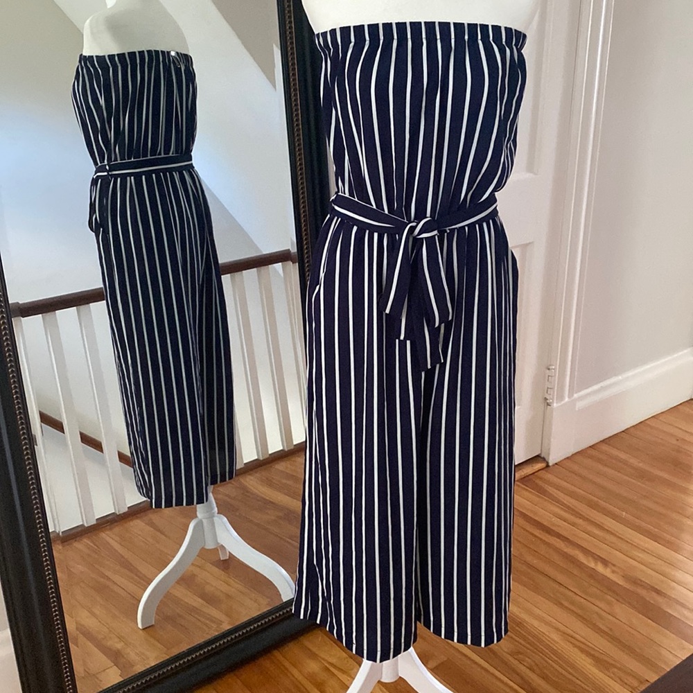 Forever 21 Blue White Striped Strapless Jumpsuit- Size Large